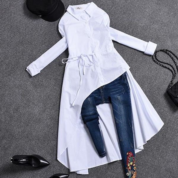 

2019 spring autumn women long sleeve irregular blouse turn down collar plus size women long shirt, White