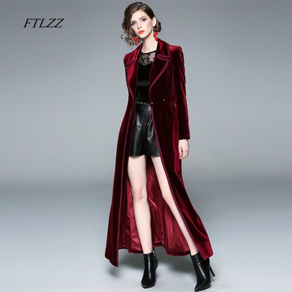 

ftlzz женщины vintage зубчатый воротник wrap black velvet maxi пальто толстый теплый длинный тренчкот outwear, Tan;black
