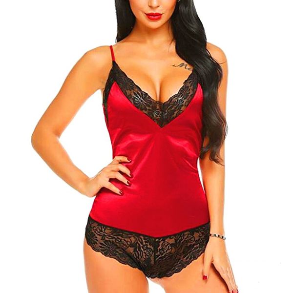 

women satin bodysuit lace backless deep v -neck stretch bodysuit lace ice silk short jumpsuit pajamas 2019 new, Black;white