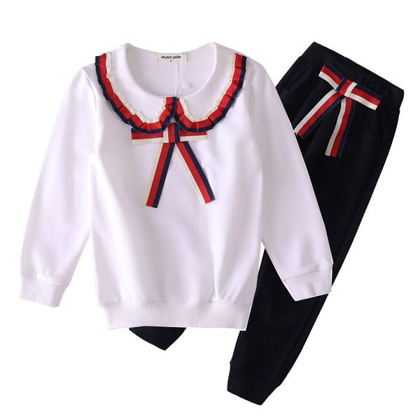 

retail kids designer tracksuits girls sweet ribbon bows lapel 2pcs suits set(pullover+pants) baby tracksuit christmas outfits clothing, White