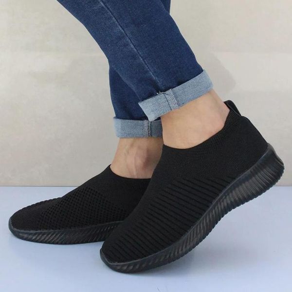 

women shoes knitting sock sneakers women spring summer slip on flat shoes women plus size loafers flats walking krasovki famela f45, Black