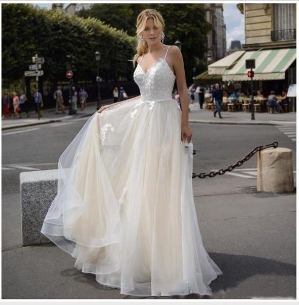 

2020 elegant a line lace wedding dresses spaghetti straps appliqued bridal gowns tulle sweep train vestidos de novia, White