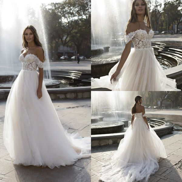

lian rokman a line wedding dresses off the shoulder lace applique sweep train vestidos de novia country wedding dress plus size bridal gowns, White