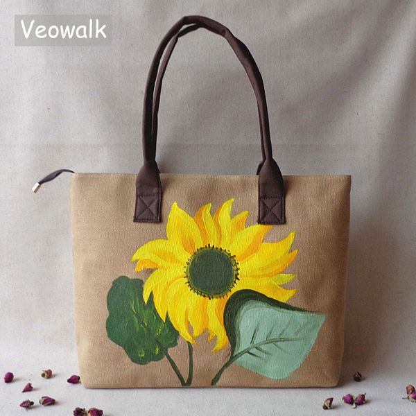 

veowalk sunflower hand painted women linen totes bag handmade large capacity ladies canvas shopping handbag beach shoulder bags