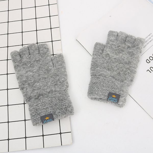 

men winter acrylic wool plus plush thick jacquard stretch knit warm half finger mittens sports touch screen cycling gloves c86, Blue;gray