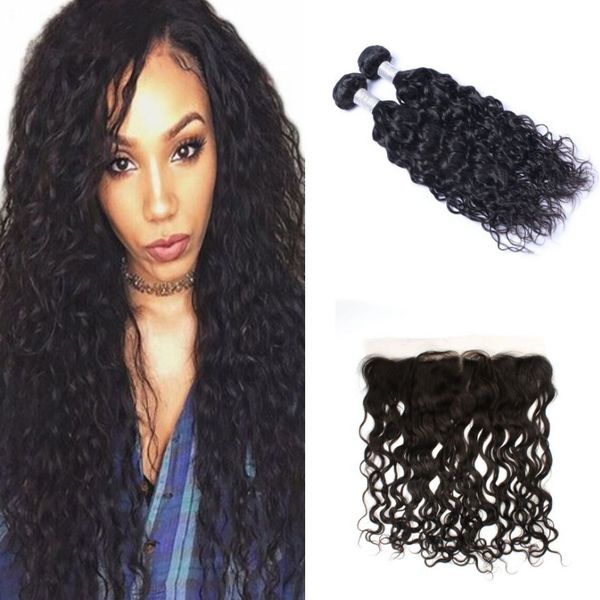 

бразильская связки человеческих волос с фронтальной необработанной девой выдвижения волос 2 связкой с кружевом фронтальной волной воды дешев, Black;brown