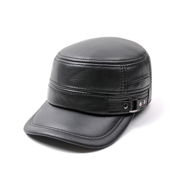 

genuine leather flat peak military cap real leather hats men's caps winter warm, Blue;gray