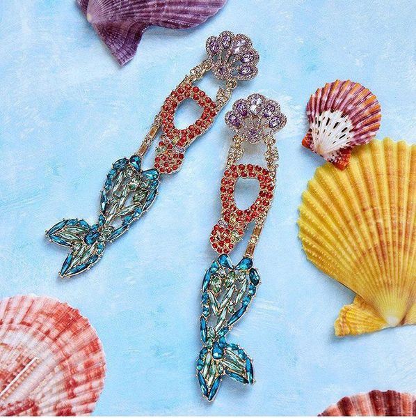 

европейский и американский стиль мода творческий преувеличены сплава серьги с бриллиантами роскошные красочные mermaid длинные серьги стержн, Golden