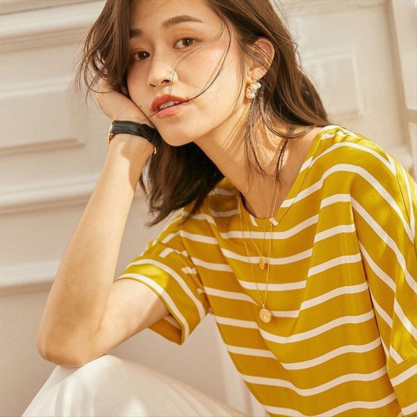 

2020 striped contrast color round neck t- women shirt and silk loose versatile casual silk shirt women, White