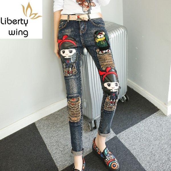 

cute girl harajuku fashion cartoon appliques bounce jeans pencil ripped casual full trousers for women regular retro pants, Blue