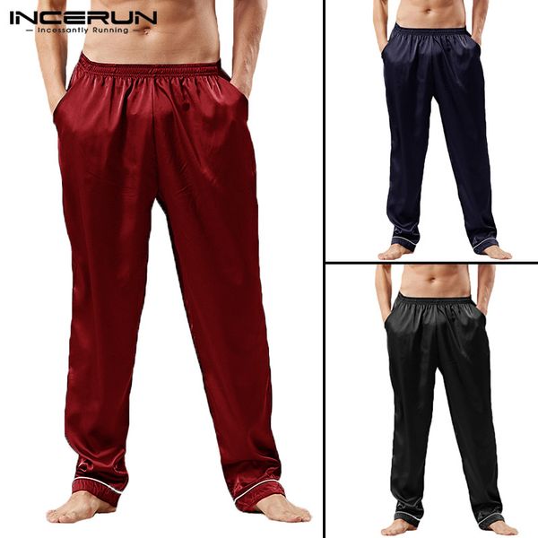 

incerun stylish silk satin mens pants lounge pyjamas solid elastic wasit loose 3xl pajamas homewear sleep bottoms pants baggy, Black;brown