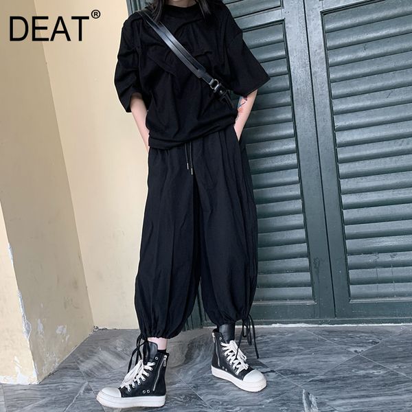 

deat] high elastic waist black drawstring pleated trousers new loose fit pants women fashion tide spring summer 2020 13r317, Black;white