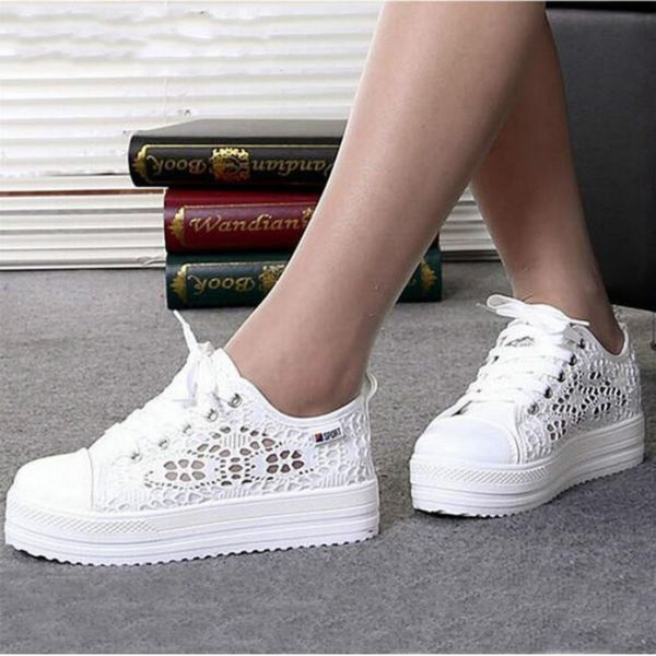 

casual cutouts lace canvas shoes summer women shoes hollow floral breathable platform flat white black color