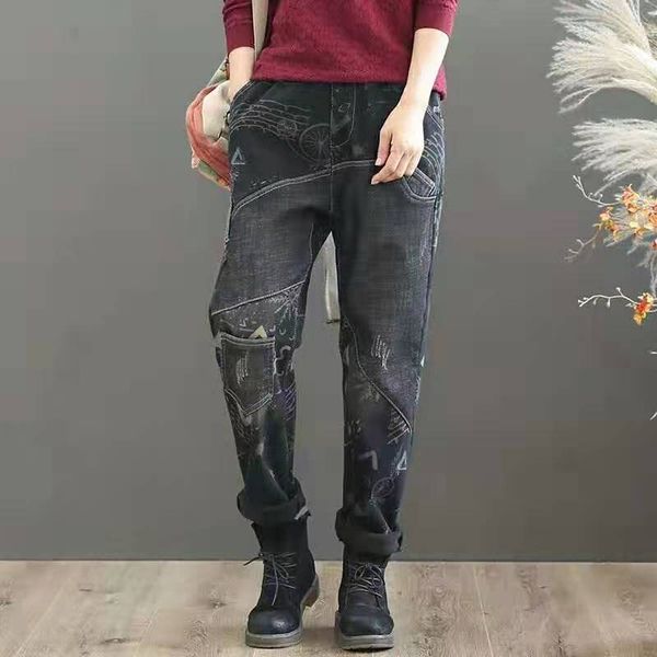 

winter jeans retro women slim-type thicker fleece warm denim pants new elastic waist pocket casual all-match denim trousers 2019, Blue