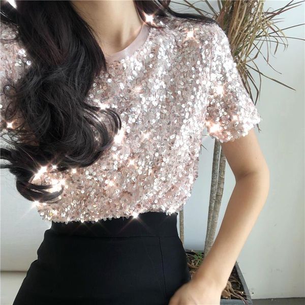 

summer appliques sequins 2020 new style vintage solid women fashion loose pink t-shirts gd390, White