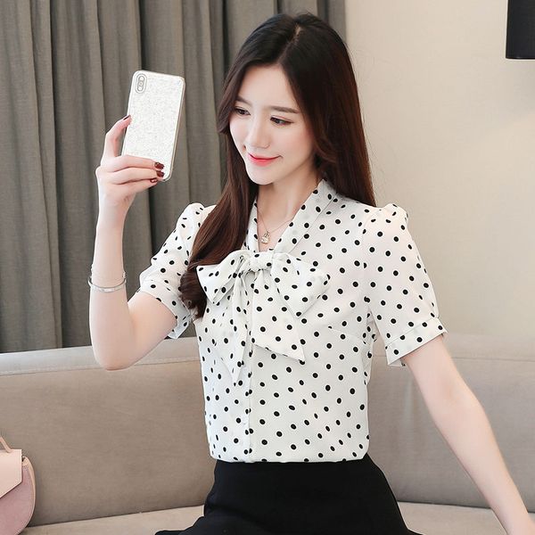 

women spring summer style chiffon blouses shirts lady casual bow tie collar short sleeve blusas df3706, White