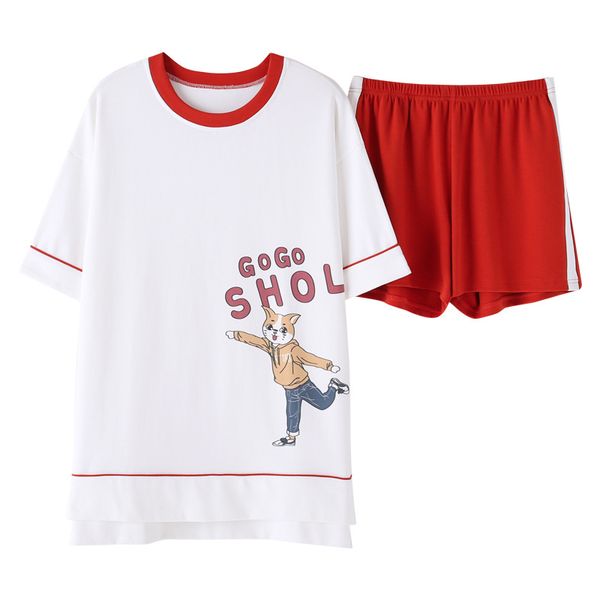 

cartoon print cat 2019 summer pajamas women cotton pajama set short sleeve elastic waist sleepwear lounge pyjamas yellow s93232, Blue;gray
