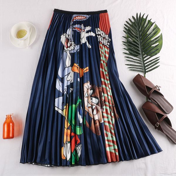 

2019 harajuku casual cartoon print women summer elegant pleated long skirt high waist women a-line midi skirt saias femme, Black