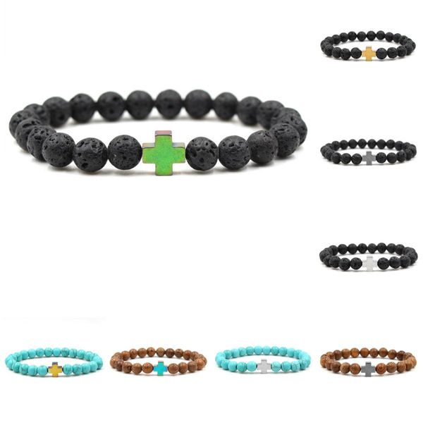 

pretty cross bracelet men charm hematite with wood lava turquoise stone bead bracelet men bracelet, Black