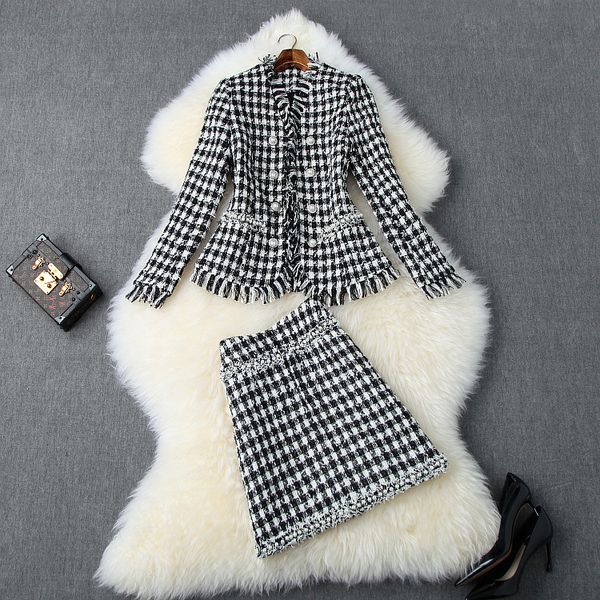 

european and american women's clothing autumn 2019 new style long sleeve coat skirts fashionable plaid beaded tweed suit, White