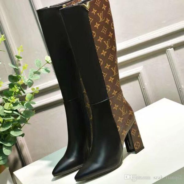 

2020 new fashion luxury ladies high-heeled boots stylish comfortable soft leather material 15 inch ladies knight boots printed fabric, Black