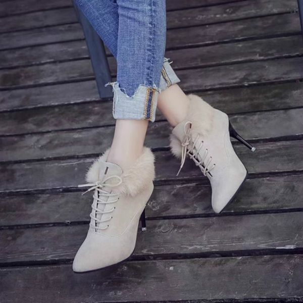 

winter shoes women ankle fur shoes pointed heel boots ladies boots matte velvet short stiletto high heel autumn, Black