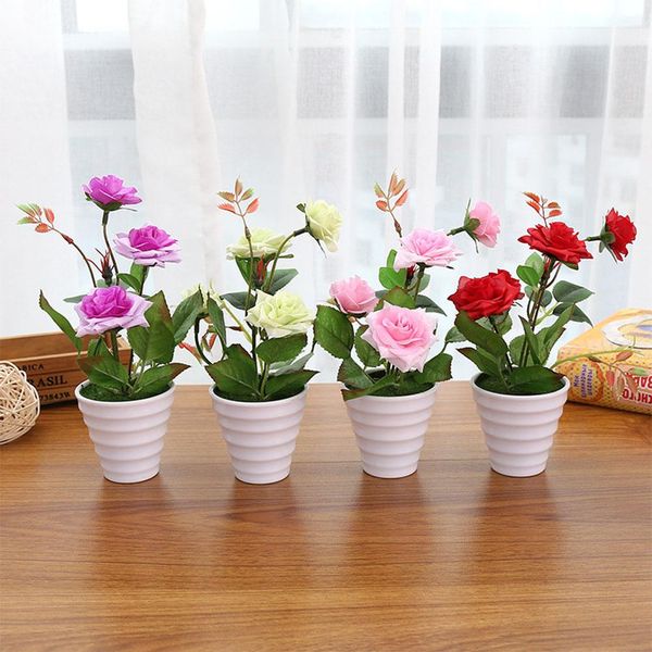 

yfashion simulate china rose with flowerpot potted artificial plant home garden office decoration