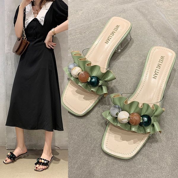 

2020 summer new mid-heeled sandals and slippers female fashion wild wear beaded thick heel slippers sandals z797, Black