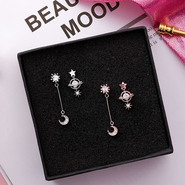 

2018 new design korean asymmetric earrings for women trendy shiny rhinestone moon star planet pendientes cute girl gifts jewelry, Silver