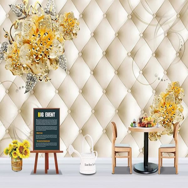 

custom large mural 3d wallpaper fashion modern luxury creative golden flower soft wrapping leather tv wall decor 5d embossed