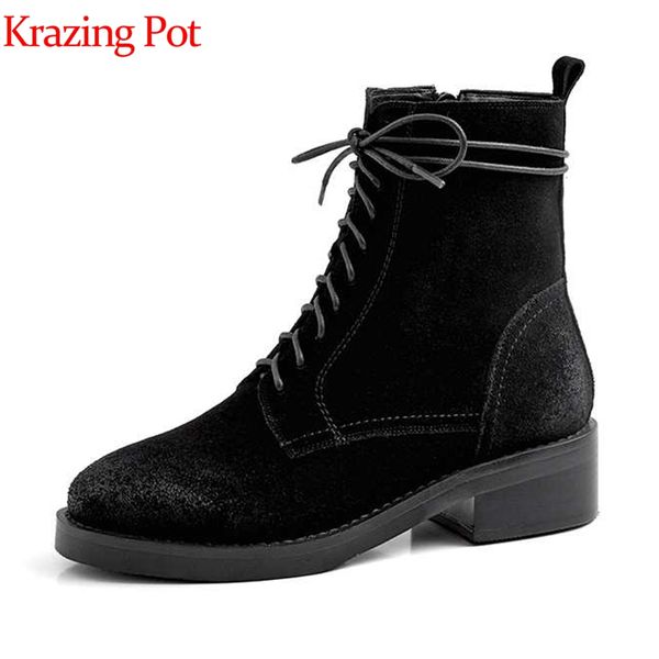 

krazing pot genuine leather cow suede winter season round toe med heels vacation lace up french lazy design punk ankle boots l46, Black