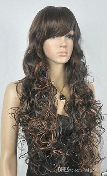 Парик бесплатная доставка горячая распродажа новая мода сексуальный длинный темно-коричневый микс вьющиеся женские женские парики волос парик