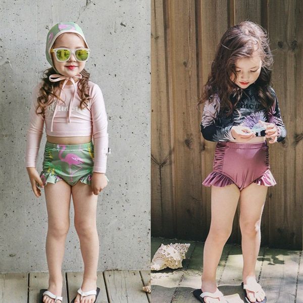 

new three piece swimsuit for girls with hat ins flamingo girls swimsuit 2-10 years children's swimwear beachwear kids 8001
