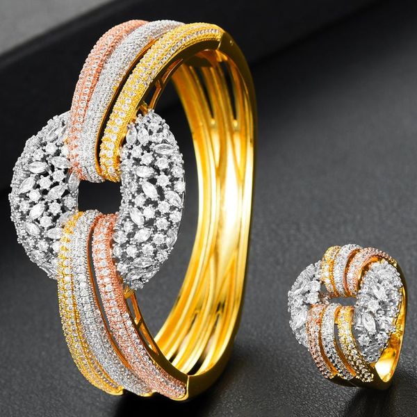 

godki big delicate bangle ring set for women full micro cubic zircon pave party wedding saudi arabic dubai jewelry sets, Silver