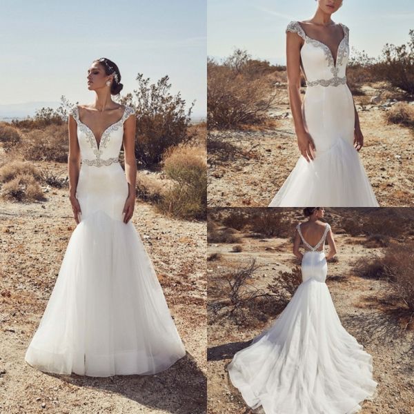 

calla blanche 2019 wedding dresses v neck backless capped short sleeve bohemian beach bridal gowns sweep train mermaid wedding dress, White