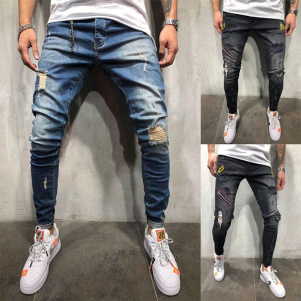 

2019 fashion menÂ´s stretchy ripped skinny biker jeans destroyed taped slim fit leg denim pants, Blue