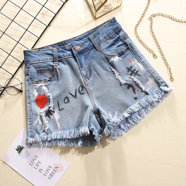 

sexemara fashion the new printing letter hole burr denim shorts ing, White;black