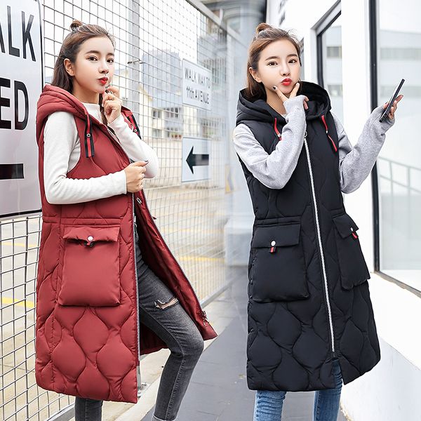 

fashion styled winter long vest big pocket hooded thick warm waistcoat casual winter sleeveless parkas jacket cotton padded coat, Black;white