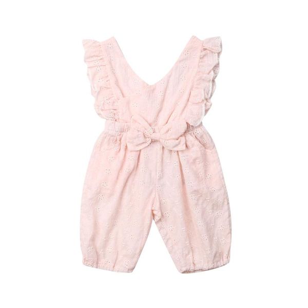 

toddler baby girl solid ruffle bowknot romper 1-5years sleeveless jumpsuit toddler kids overalls outfits summer hollow clothes, Blue