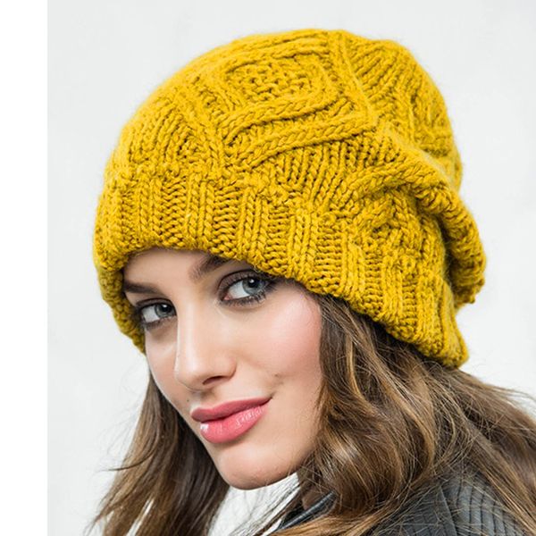 

fashion winter knitted hats 2019 new women keep warm manual wool knitted beanie cap soft hats girls caps female black yellow