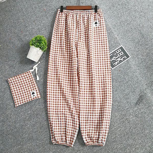 

woman's pants summer pants color weave woven cotton plaid sleep high waist sleep bottoms, Black;red
