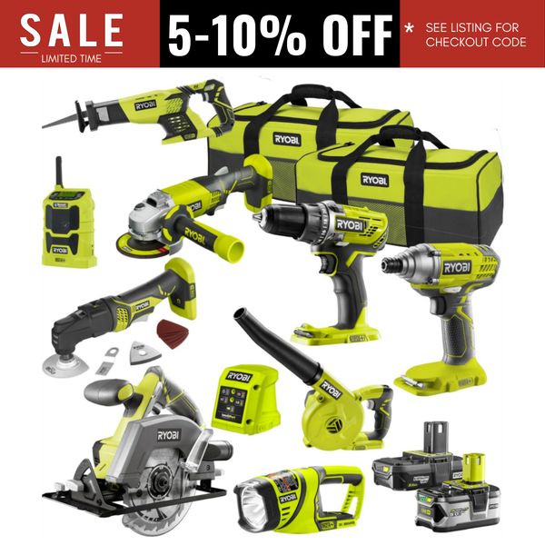 

Новый Ryobi 9 шт электроинструментов Combo Kit 18В ONE + 2,5 / 5.0Ah 2 х батареи + зарядное устройство