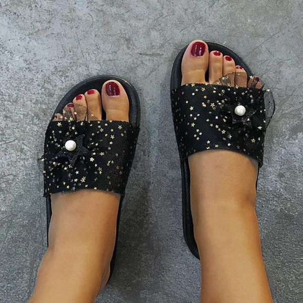 

women's slipper fashion casual lace pearl open toe outdoor round toe slip-on black pink silver 2020 slippers women summer