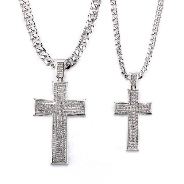 

christian jesus male hip hop alloy cross pendant necklace cuban chain iced out necklace jewelry for men rhinestone accessories, Silver