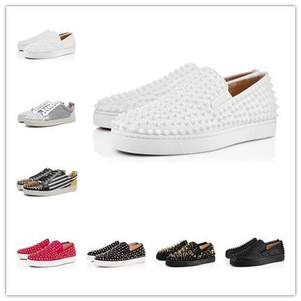 

luxury casual shoes red bottom sole ace glitter rivet studded spikes velvet leather business party men women brand design flats loafers d09, Black