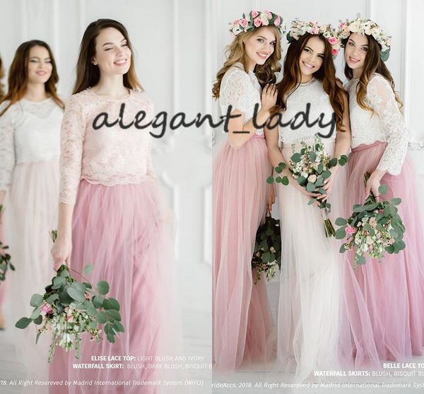 

blush pink country long bridesmaid dresses with sleeves 2021 two tone lace tulle bohemian beach junior maid of honor party dress, White;pink