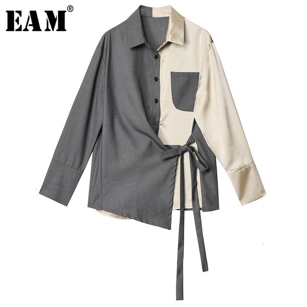 

eam] women gray split bandage temperament blouse new lapel long sleeve loose fit shirt fashion tide spring autumn 2019 1h453, White