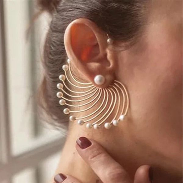 

1pair vintage peacock opening shaped party earrings for women chic pearls big gold statement earring jewellery gift for female, Silver
