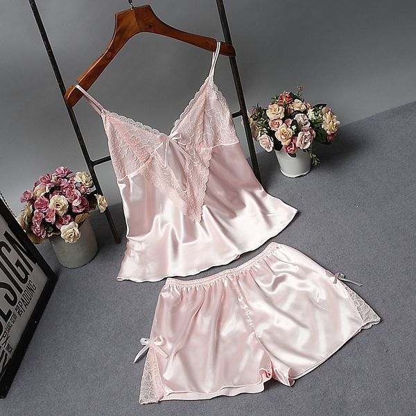 

pajama set summer pyjamas women with chest pads satin sleepwear women silk sleep & lounge nightwear female two piece sets, Blue;gray