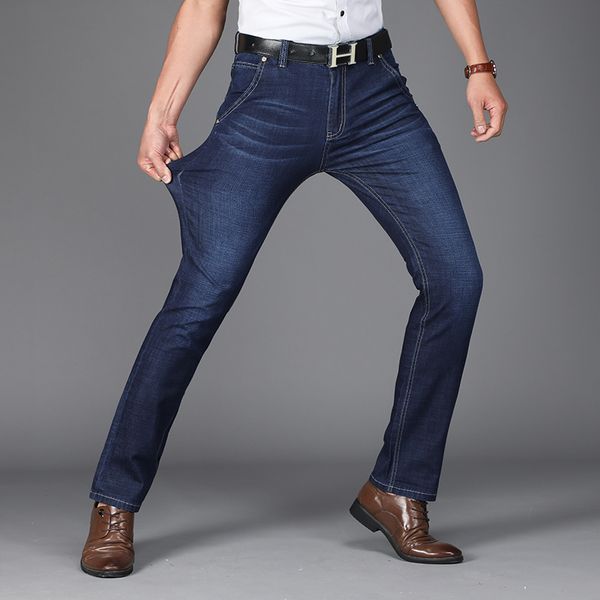 

2018 new men business jeans regular straight feet jeans dark business gentleman long casual trousers, Blue